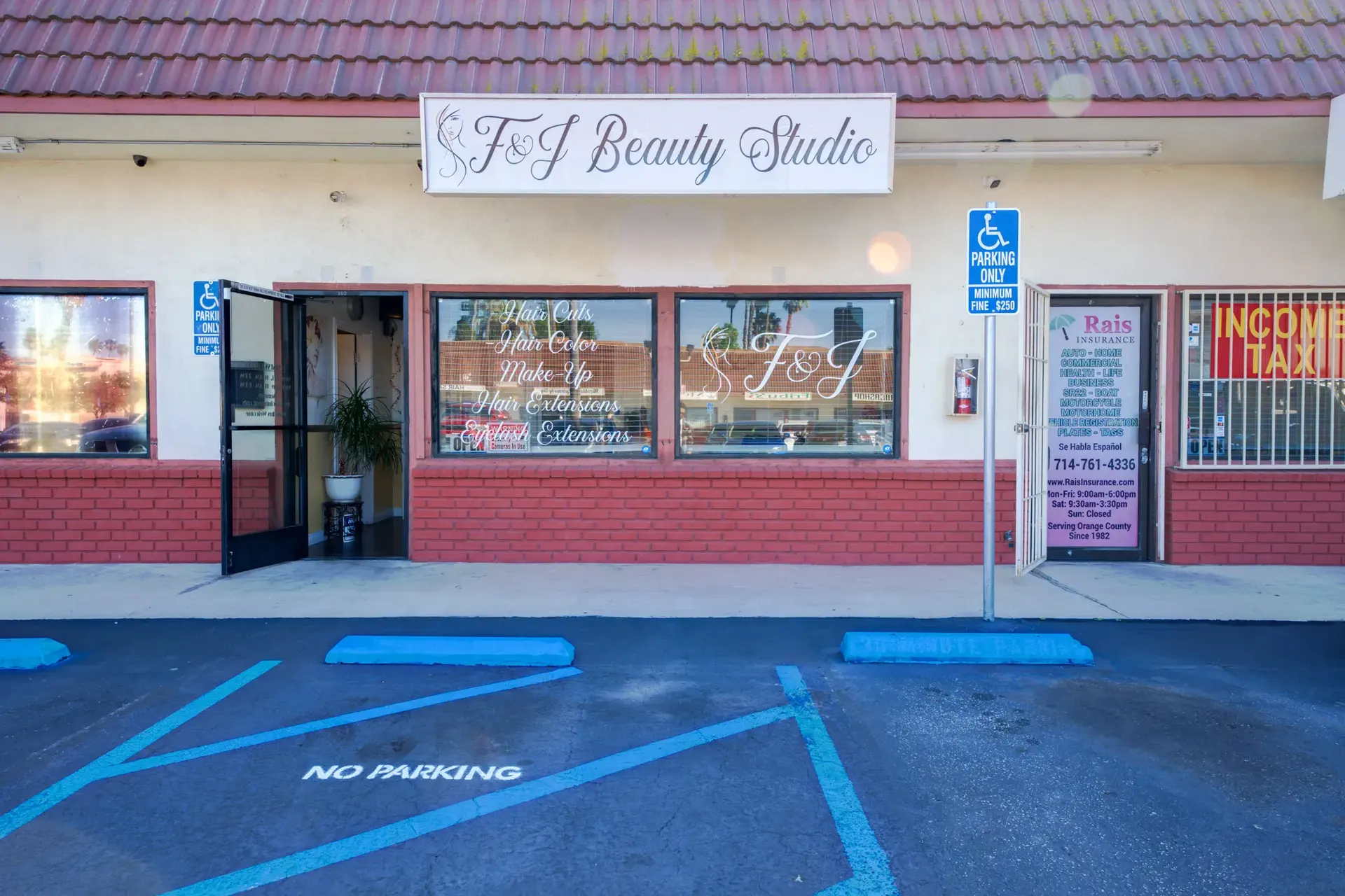Front exterior view of F&J Beauty Studio hair salon in Anaheim, CA