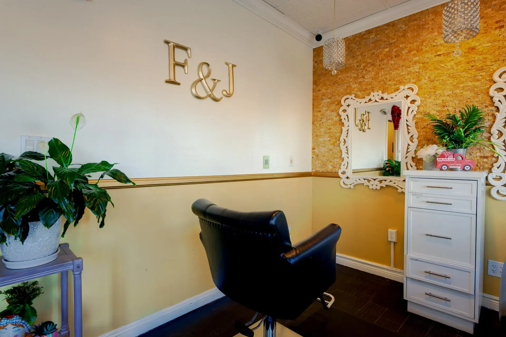 Professional styling station and salon chair at F&J Beauty Studio in Anaheim, CA