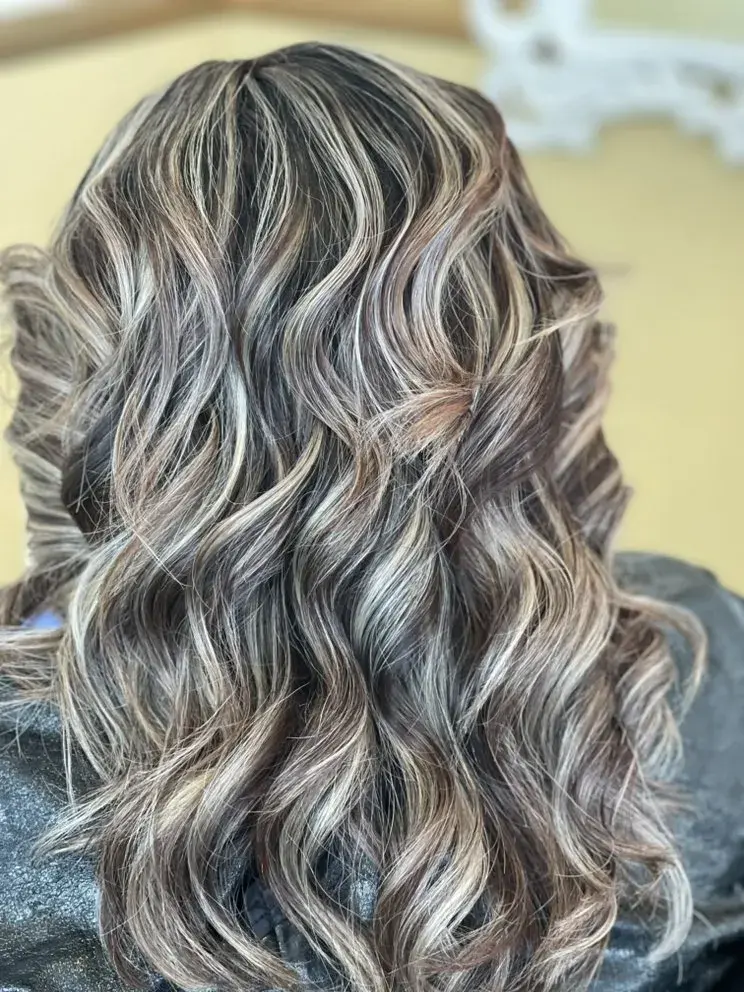 Pearl blonde highlight on long hair at F&J Beauty Studio in Anaheim, CA